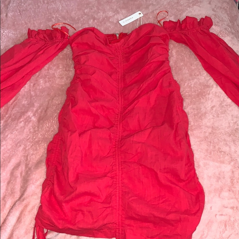 red blouse dress off the shoulder